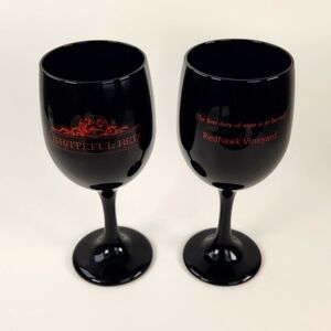 Grateful Red Black glass long stemmed wine glasses by Redhawk Vinyard, EUC